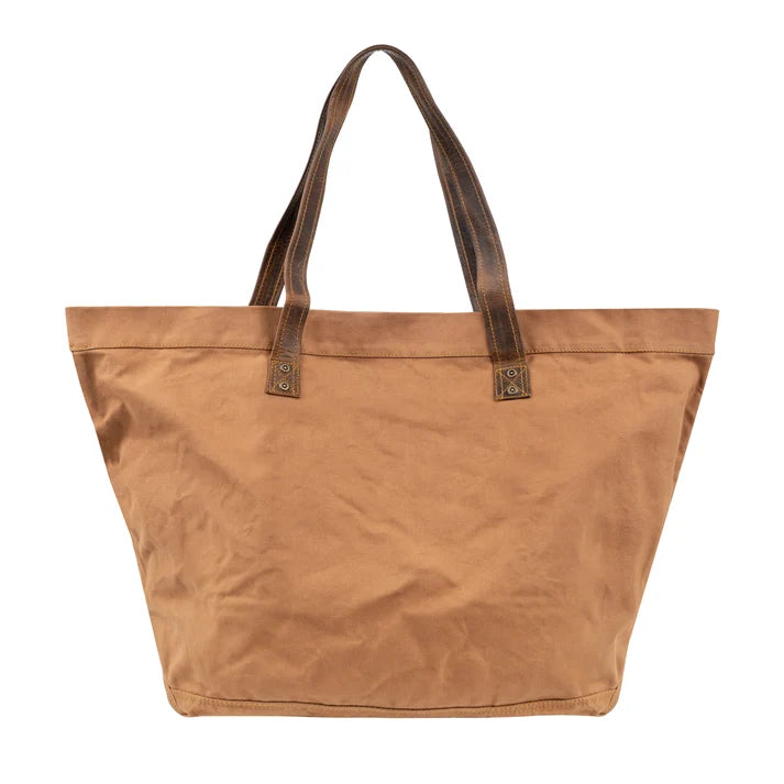 Brown tote bag with leather handles on a white background