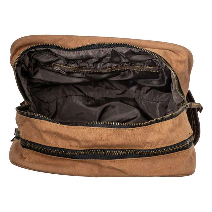 A tan canvas crossbody bag shown open, displaying a black interior lining with a zippered pocket, set against a plain white background.