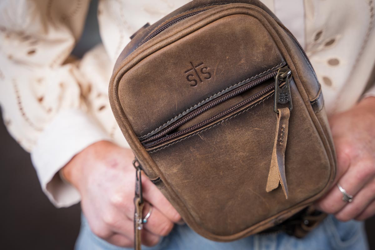 STS Ranchwear Baroness Auzlyn Leather Crossbody Bag Jennifer Smith STS Ranchwear lifestyle image closeup 