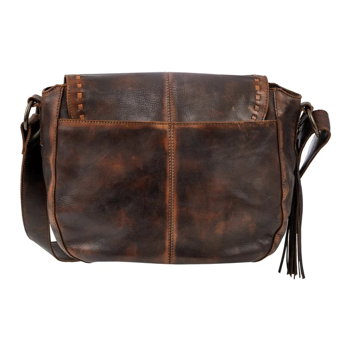 A dark brown distressed leather messenger bag with a front flap, decorative stitching, and a tassel detail on the side, shown against a plain white background.