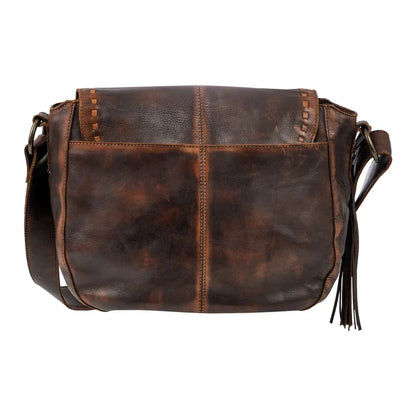 A dark brown distressed leather messenger bag with a front flap, decorative stitching, and a tassel detail on the side, shown against a plain white background.