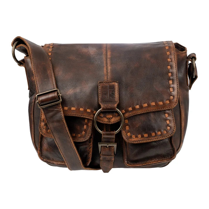 A dark brown distressed leather messenger bag with a front flap, decorative stitching, a central metal ring, and a shoulder strap, shown against a plain white background.