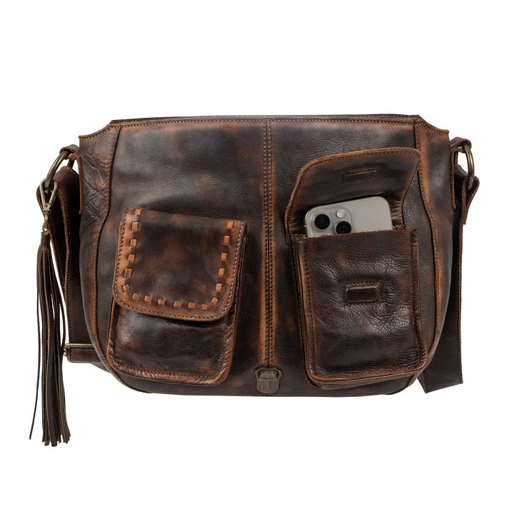 A dark brown distressed leather messenger bag with two front pockets, one of which is open to show a smartphone inside, set against a plain white background.