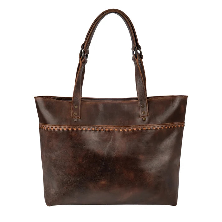 A dark brown leather tote bag with double shoulder straps, a top zipper closure, and decorative stitching around the middle, shown against a plain white background.