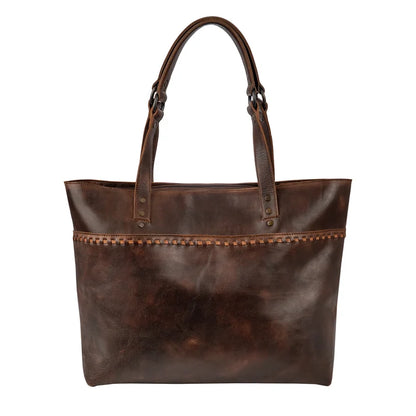 A dark brown leather tote bag with double shoulder straps, a top zipper closure, and decorative stitching around the middle, shown against a plain white background.