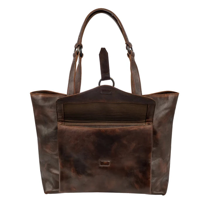 A dark brown distressed leather tote bag with dual top handles, a front zippered pocket, and a top carry strap, shown against a plain white background.