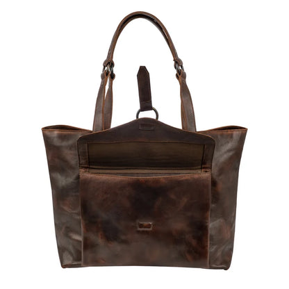 A dark brown distressed leather tote bag with dual top handles, a front zippered pocket, and a top carry strap, shown against a plain white background.