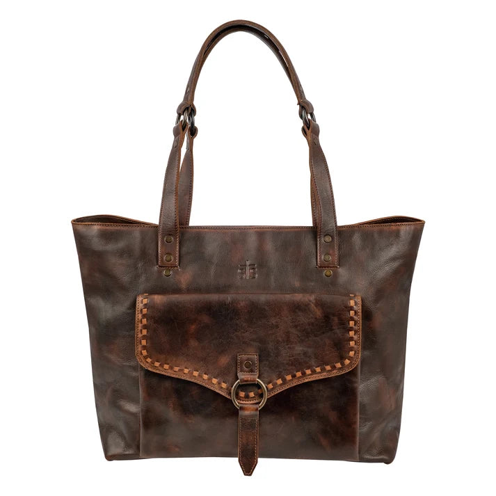 A dark brown distressed leather tote bag with double shoulder straps, a front flap pocket with a buckle strap, and decorative stitching, shown against a plain white background.