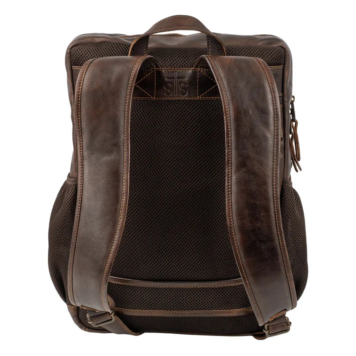 A dark brown distressed leather backpack shown from the back, featuring a breathable mesh back panel, padded shoulder straps, side mesh pockets, and top carry handles on a plain white background.