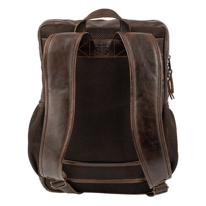 A dark brown distressed leather backpack shown from the back, featuring a breathable mesh back panel, padded shoulder straps, side mesh pockets, and top carry handles on a plain white background.