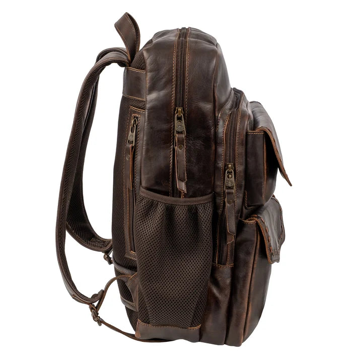 A dark brown distressed leather backpack with multiple zippered pockets and a side mesh pocket, shown from a three-quarter angle on a white background.