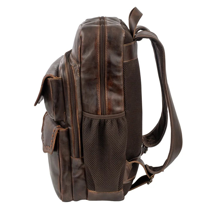 A dark brown distressed leather backpack shown from a side profile view against a solid white background.