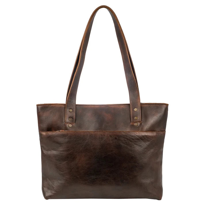 A dark brown leather tote bag with a front slip pocket and dual shoulder straps, shown against a plain white background.