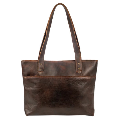 A dark brown leather tote bag with a front slip pocket and dual shoulder straps, shown against a plain white background.