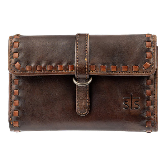 A dark brown leather wallet with decorative stitched edges, a central strap closure with a metal ring, and an embossed 'st' logo on the front, shown against a plain white background.