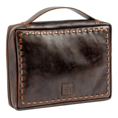 A dark brown leather zippered case with a top handle, decorative stitching, and a small embossed logo patch on the front, shown on a plain white background.