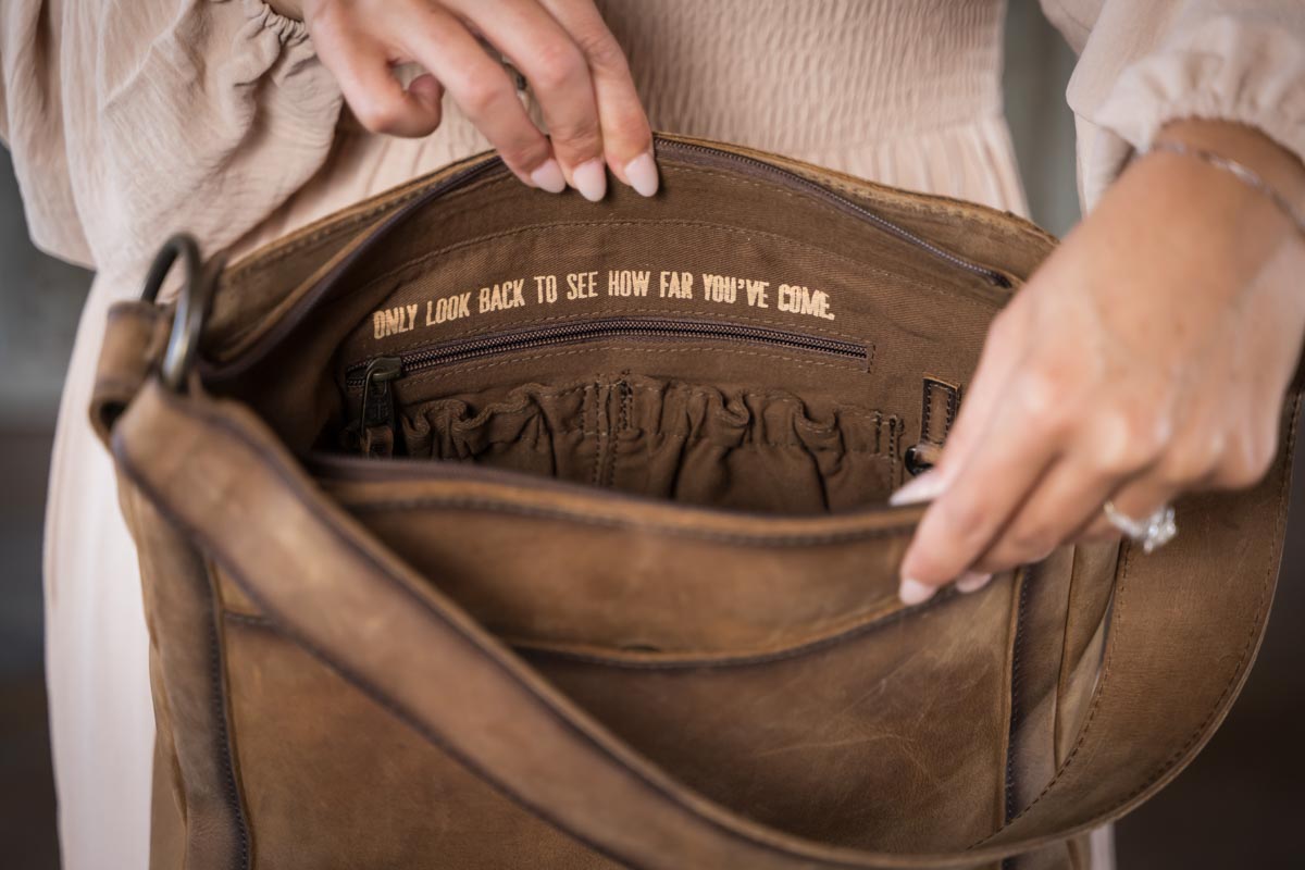 STS Ranchwear Baroness Sterling Leather Shoulder Bag Jennifer Smith STS Ranch bag interior with quote