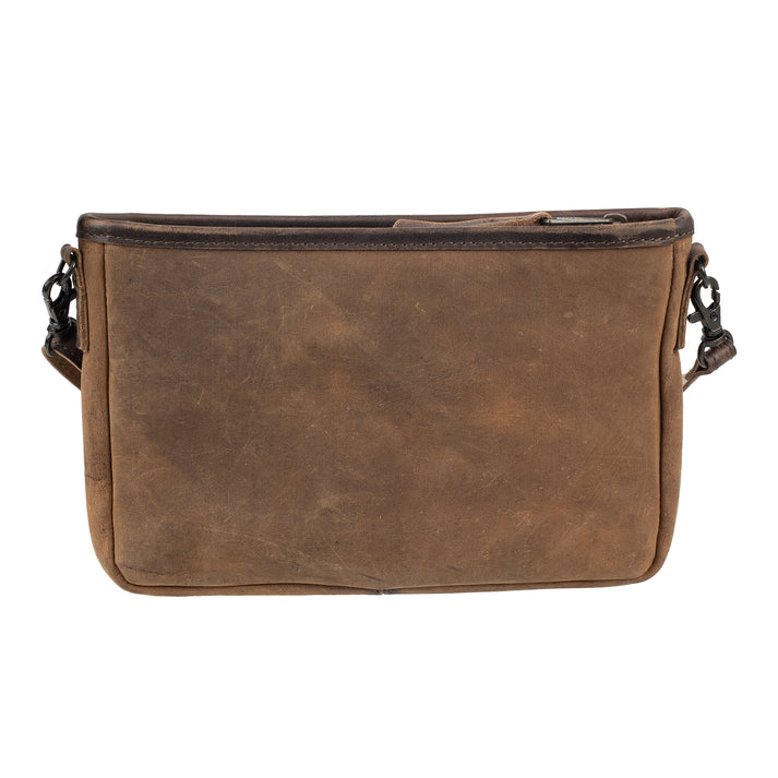 A brown distressed leather crossbody bag with a top zipper closure and an adjustable shoulder strap, shown against a plain white background.