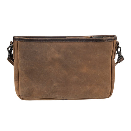 A brown distressed leather crossbody bag with a top zipper closure and an adjustable shoulder strap, shown against a plain white background.