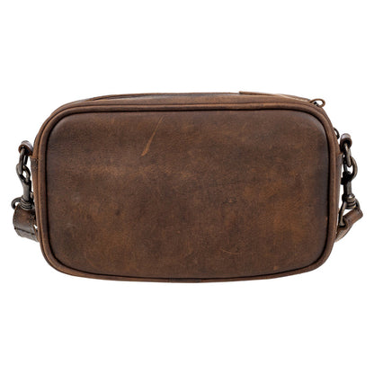 A brown distressed leather crossbody bag with a matching leather strap and dark metal hardware, shown against a plain white background.