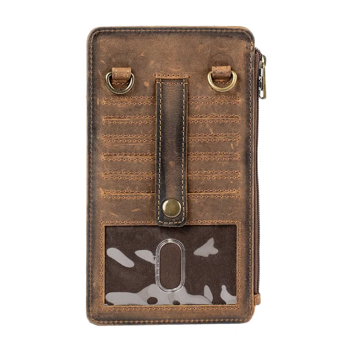 A brown distressed leather card holder wallet with a vertical card slot, a front ID window with a camouflage pattern, brass grommets, and a top zipper.