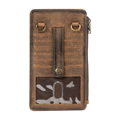 A brown distressed leather card holder wallet with a vertical card slot, a front ID window with a camouflage pattern, brass grommets, and a top zipper.