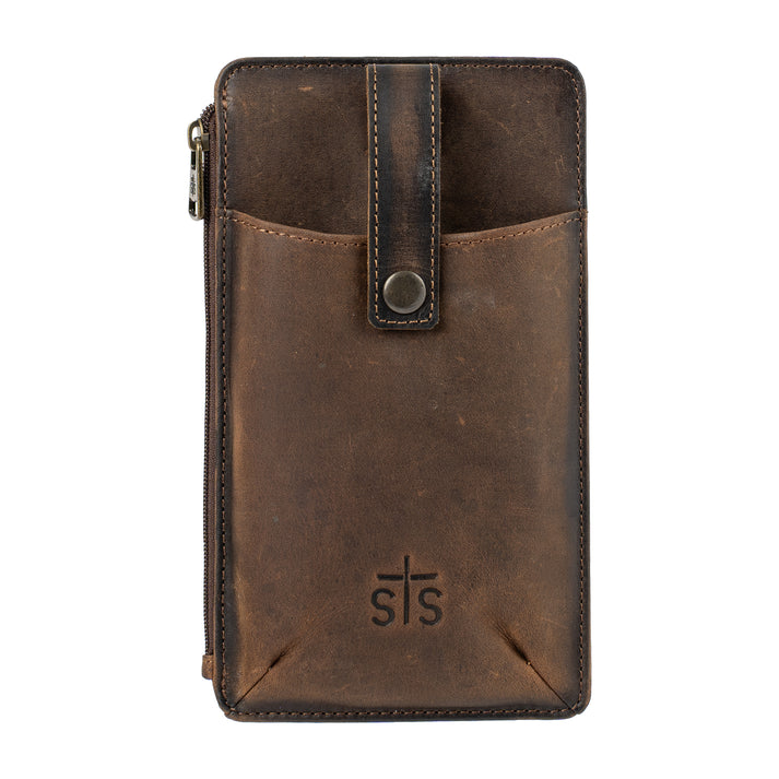 A dark brown distressed leather pouch with a front pocket, snap button strap, and a debossed 'sts' logo on the bottom, shown against a plain white background.