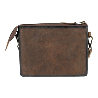 A brown distressed leather crossbody bag with a top zipper closure and a matching leather strap, shown against a plain white background.