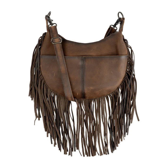 A brown leather shoulder bag with long fringe detailing, a curved crescent shape, and a matching adjustable shoulder strap, shown against a plain white background.