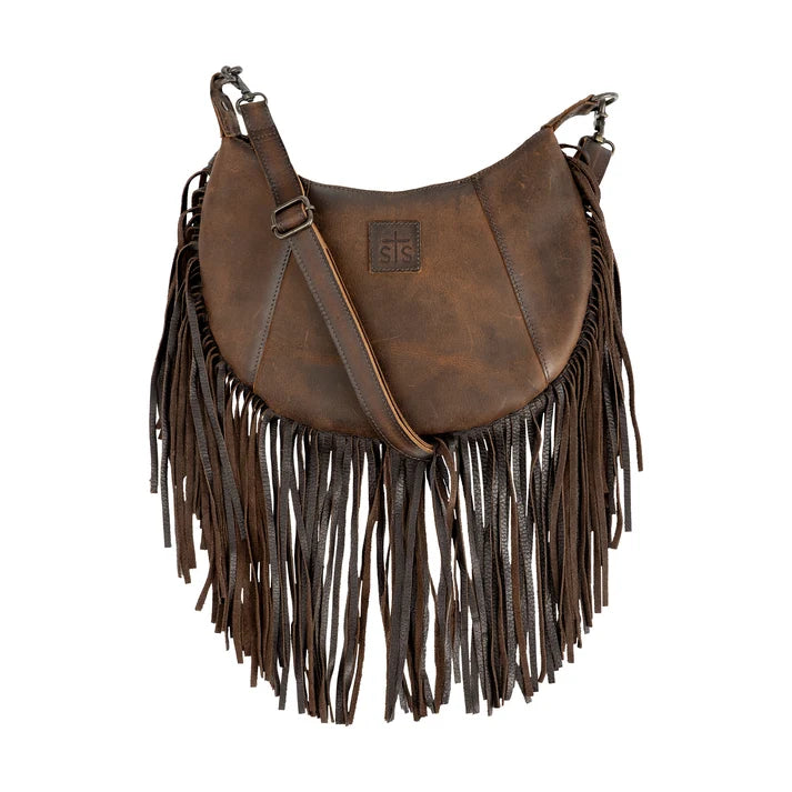 A brown leather crescent-shaped shoulder bag with long fringe detailing and a small 'SIS' logo patch on the front, shown against a plain white background.