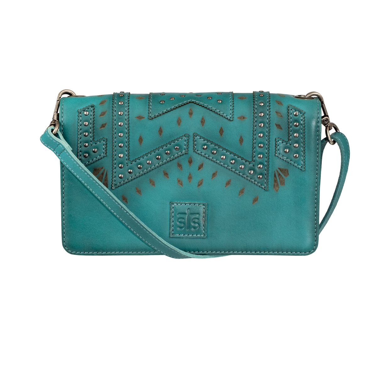 Open turquoise Evie Organizer with fold-out panel, clear ID window, card slots and interior zip compartments designed by Jennifer Smith STS Ranch front view