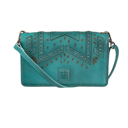 Open turquoise Evie Organizer with fold-out panel, clear ID window, card slots and interior zip compartments designed by Jennifer Smith STS Ranch front view