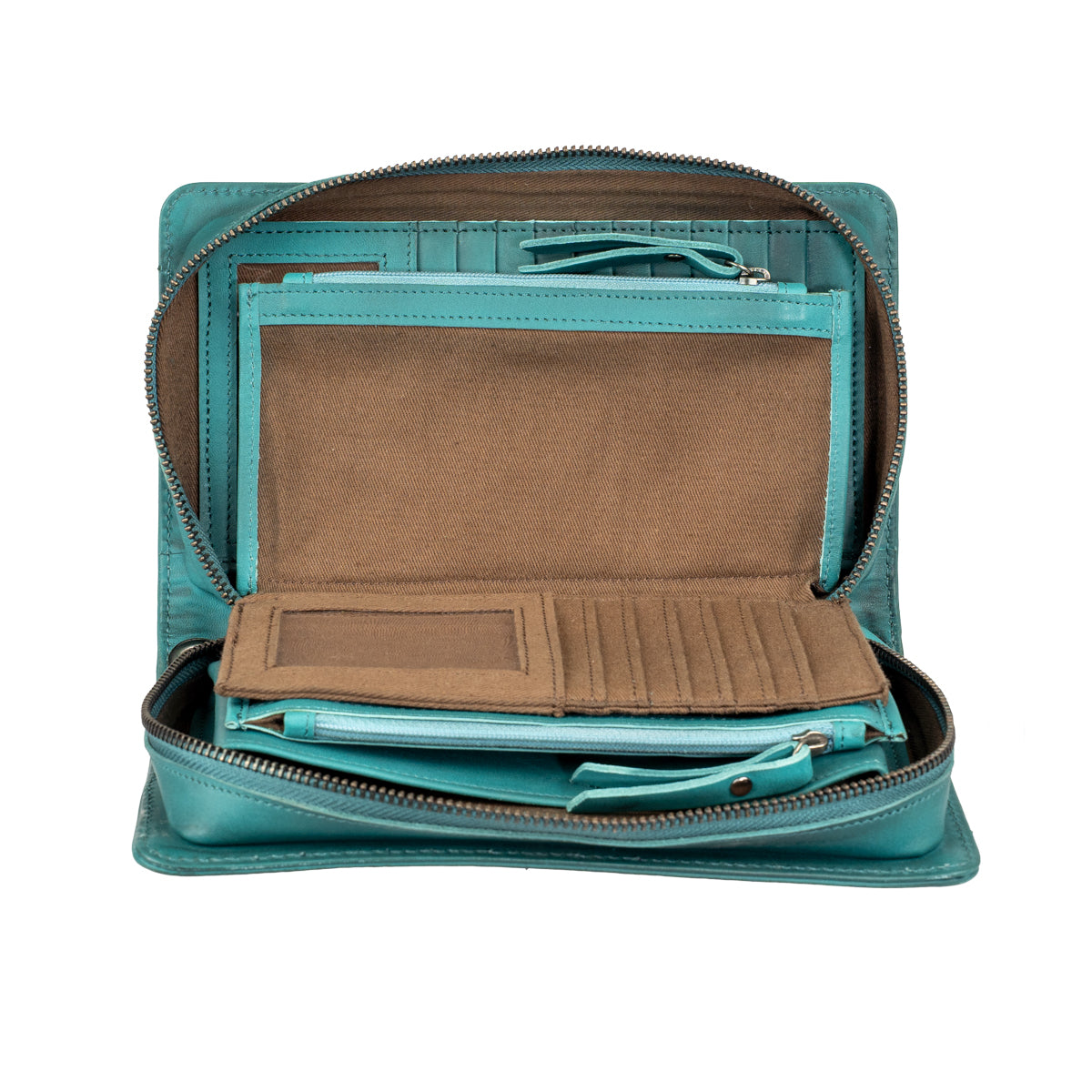 Open turquoise Evie Organizer with fold-out panel, clear ID window, card slots and interior zip compartments designed by Jennifer Smith STS Ranch 2