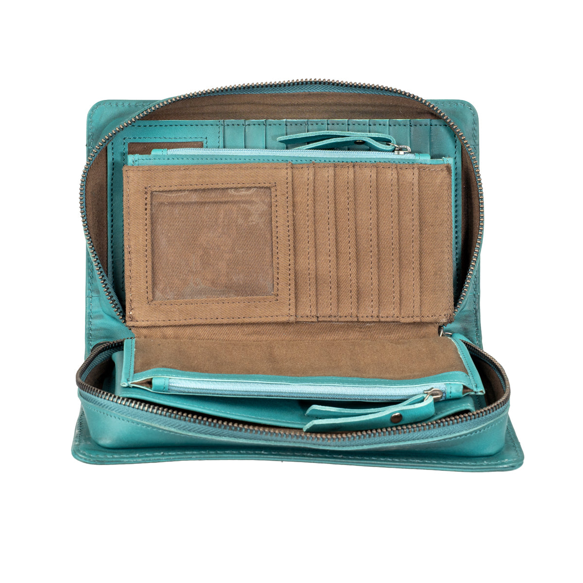 Open turquoise Evie Organizer with fold-out panel, clear ID window, card slots and interior zip compartments designed by Jennifer Smith STS Ranch