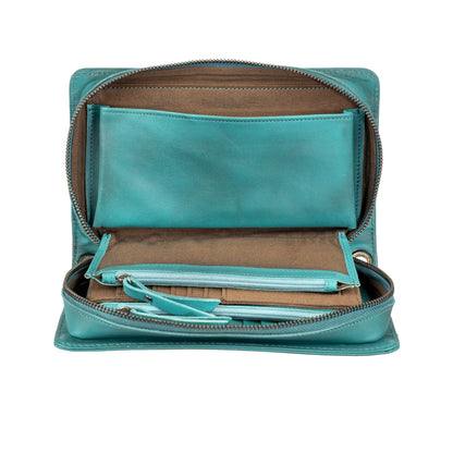 Back interior view of the Wayfarer Turquoise Evie Organizer showing slip pocket and zip pouch storage designed by Jennifer Smith STS Ranch