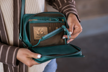 Open turquoise Evie Organizer with fold-out panel, clear ID window, card slots and interior zip compartments designed by Jennifer Smith STS Ranch 