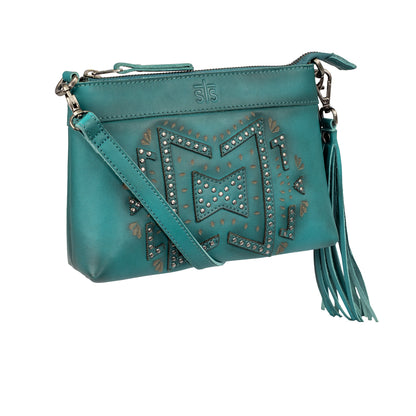 STS Ranchwear turquoise leather western crossbody bag with studs and fringe designed by Jennifer Smith STS Ranch