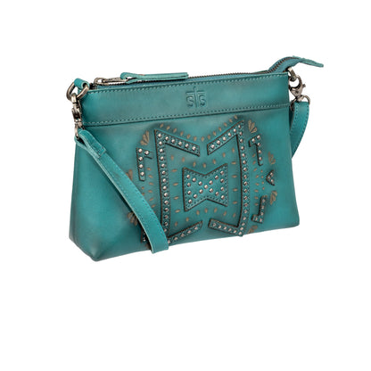 STS Ranchwear turquoise leather western crossbody bag with studs and fringe designed by Jennifer Smith STS Ranch without tassel