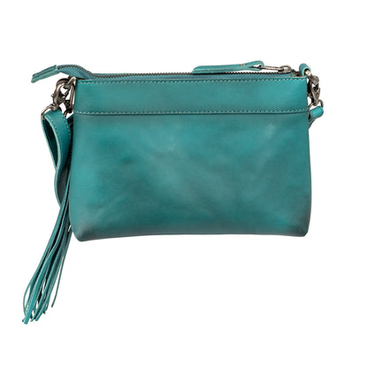 STS Ranchwear turquoise leather western crossbody bag with studs and fringe designed by Jennifer Smith STS Ranch back view
