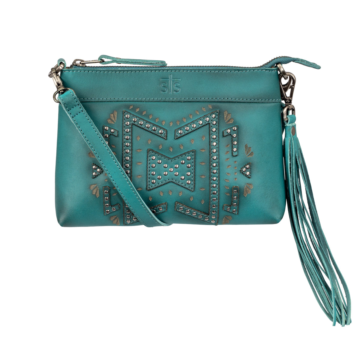 STS Ranchwear turquoise leather western crossbody bag with studs and fringe designed by Jennifer Smith STS Ranch front view with tassel