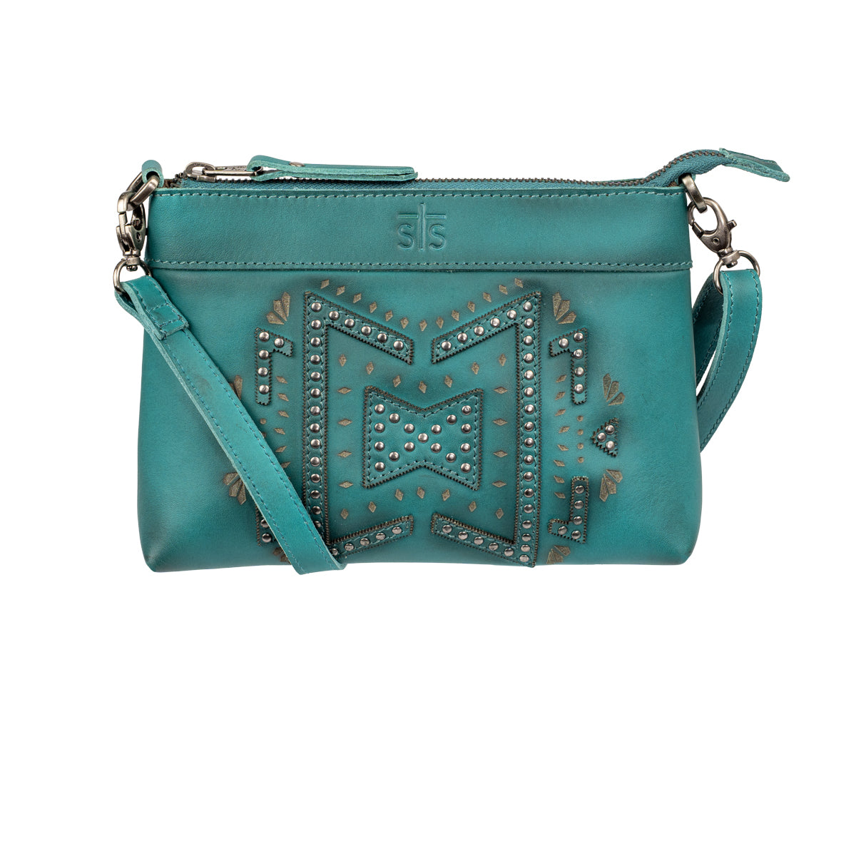 STS Ranchwear turquoise leather western crossbody bag with studs and fringe designed by Jennifer Smith STS Ranch front view without tassel