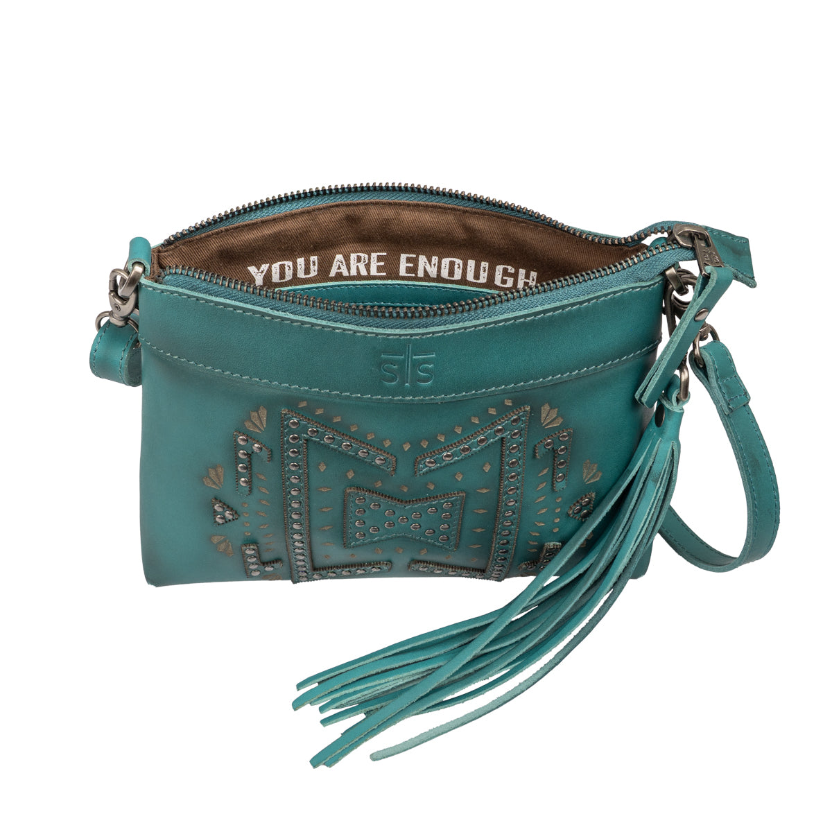 western turquoise handbag interior zipper pocket STS Ranchwear designed by Jennifer Smith STS Ranch with saying you are enough