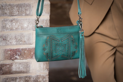 STS Ranchwear turquoise leather western crossbody bag with studs and fringe designed by Jennifer Smith STS Ranch close up