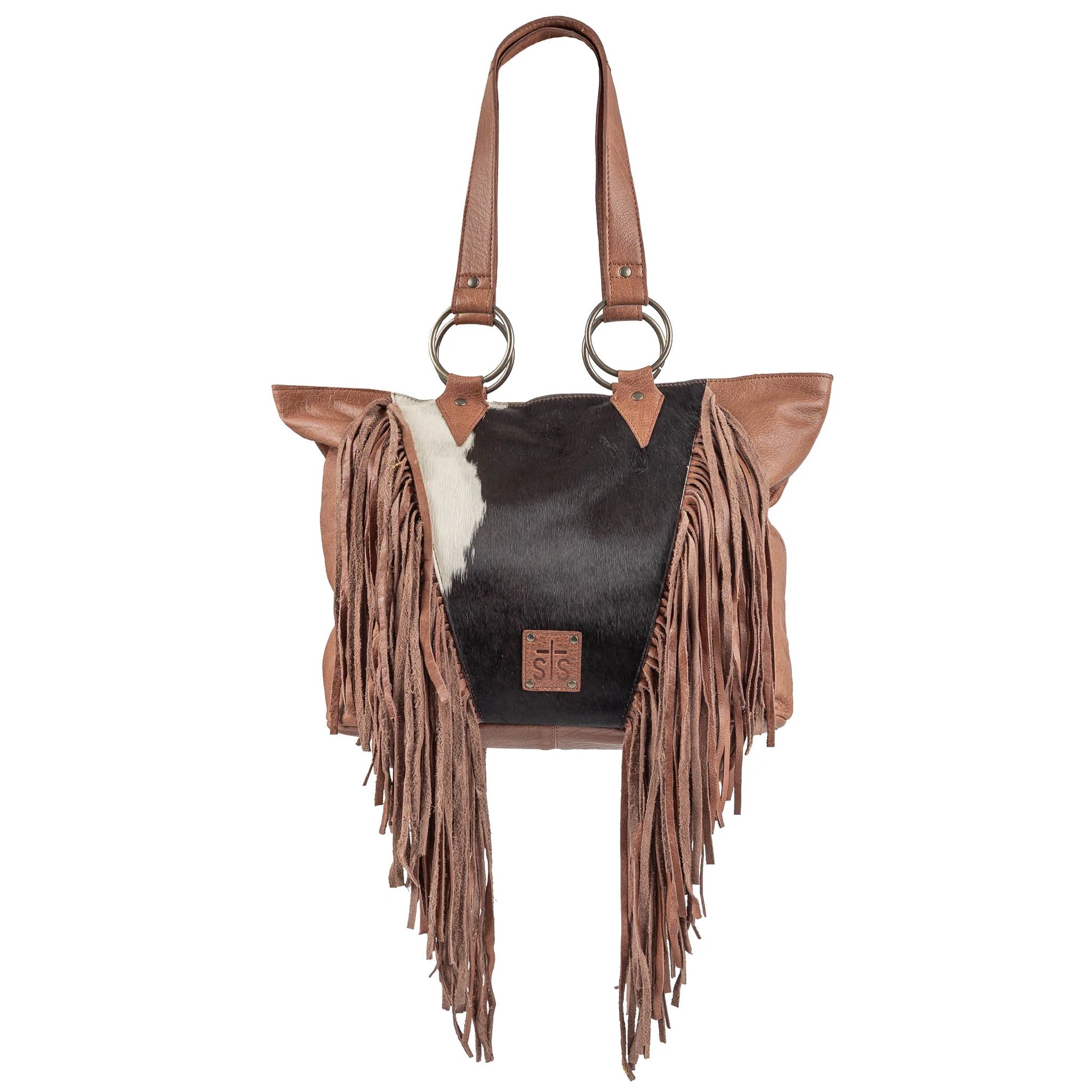 Walnut leather Western tote bag with authentic cowhide front panel