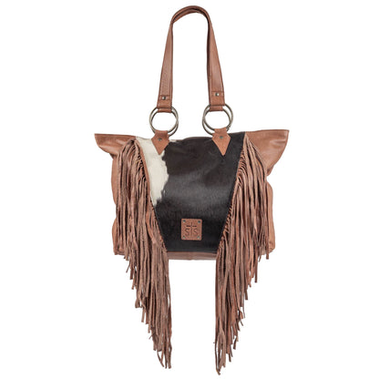 Walnut leather Western tote bag with authentic cowhide front panel