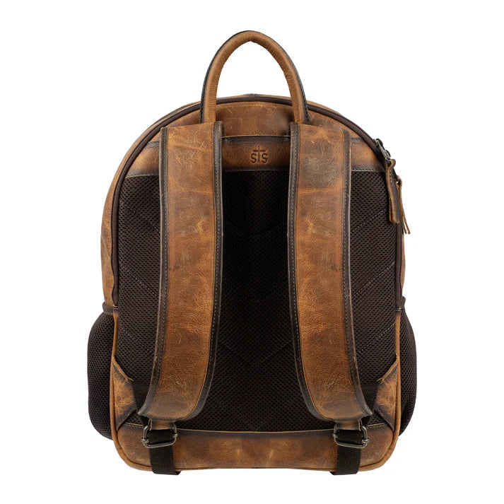 A brown distressed leather backpack shown from the back, featuring dark brown mesh panels on the back, padded shoulder straps, side pockets, and a top carry handle on a white background.