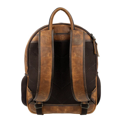 A brown distressed leather backpack shown from the back, featuring dark brown mesh panels on the back, padded shoulder straps, side pockets, and a top carry handle on a white background.