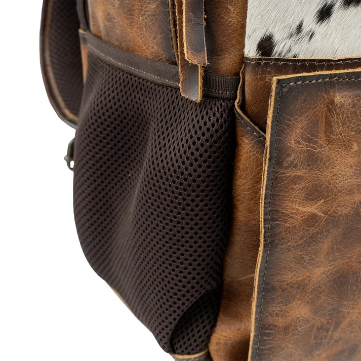 Brown leather bag with a mesh pocket on a white background