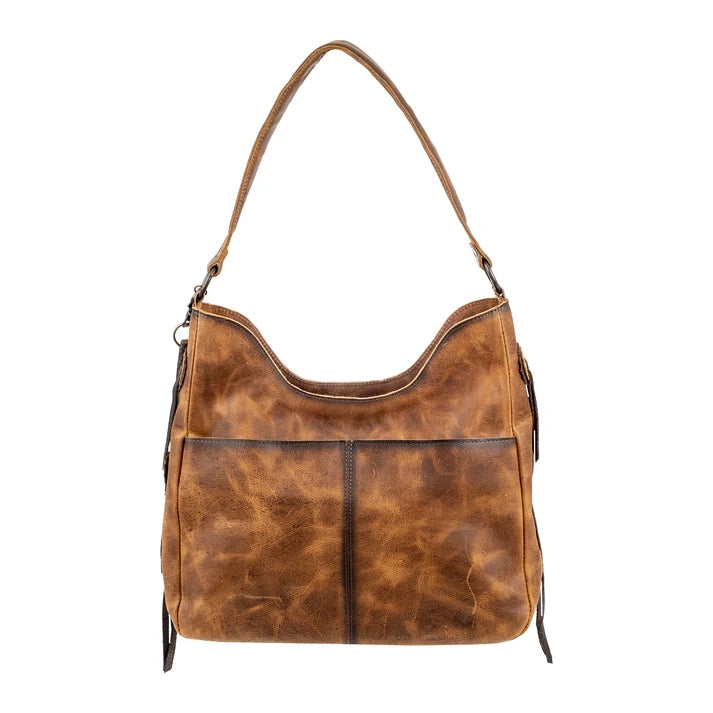 A brown distressed leather shoulder bag with a single strap, shown against a plain white background.