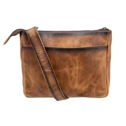 A brown distressed leather crossbody bag with a matching leather strap, shown against a plain white background.
